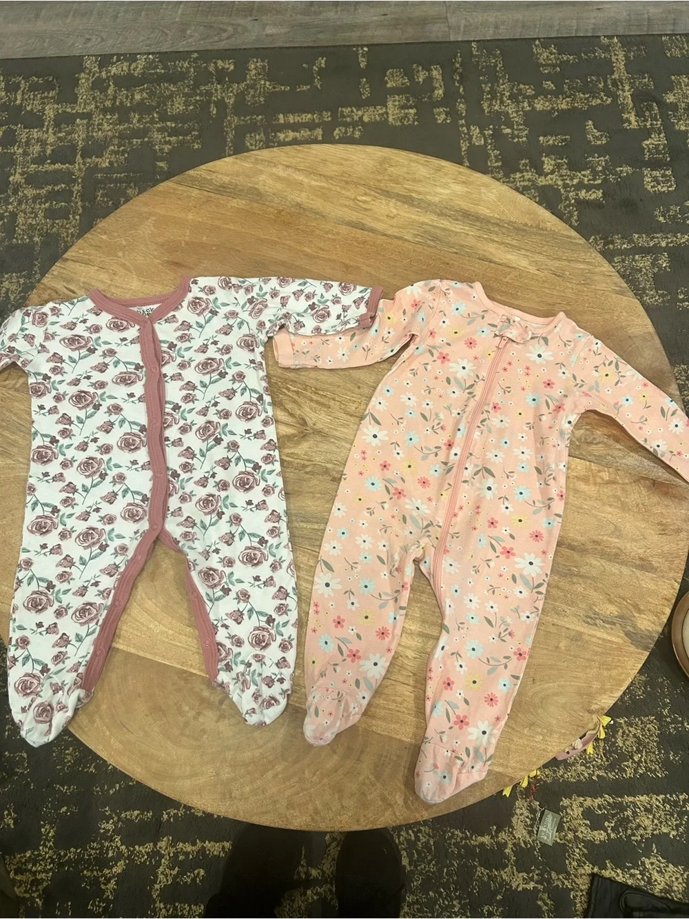 Floral Footed Baby One-Piece Sleepers - Pink & White